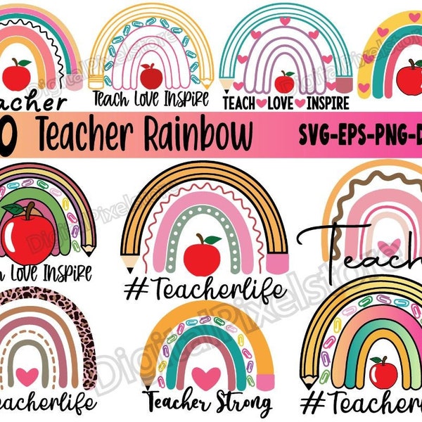 Teacher Rainbow Svg Bundle,Teacher Rainbow Png,pencil rainbow svg png,Teacher Life svg,Teach love inspire svg,Teacher Cutfiles for cricut