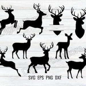 Könnte beinhalten: Ein Satz von zehn schwarzen Silhouette-SVG-Schnittdateien mit verschiedenen Hirschdesigns. Die Designs umfassen einen stehenden Hirsch, einen Hirschkopf, einen Hirsch mit Geweih und einen Hirsch mit einem geteilten Monogramm.