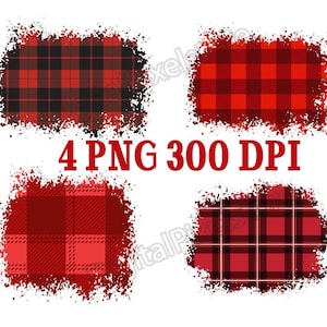 May include: Four digital paper designs featuring red and black plaid patterns with a distressed edge. The text "4 PNG 300 DPI" is in red.