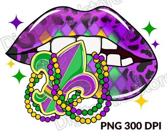 May include: Purple lips with a leopard print design and a green and purple fleur-de-lis with a string of purple and green beads.  PNG 300 DPI.