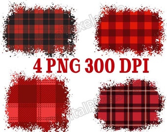 Könnte beinhalten: Vier digitale Papierdesigns mit roten und schwarzen Karomustern und einem verwitterten Rand. Der Text "4 PNG 300 DPI" ist rot.