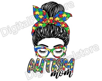 Autism Mom Messy Bun PNG: Sublimation Design (Digital Download)