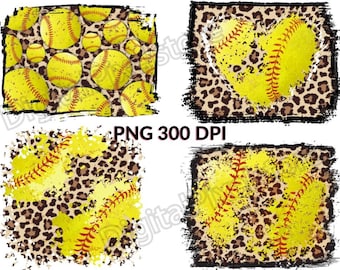 ヒョウ柄ソフトボール背景 PNG：ディストレストスポーツ昇華プリント（デジタルダウンロード）
