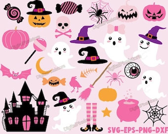 Paquete de imágenes prediseñadas SVG de Halloween en color rosa (descarga digital)