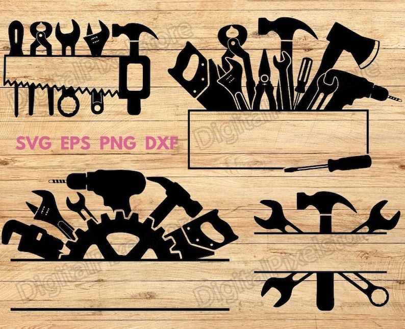 May include: A set of black and white SVG cut files featuring various tools, including a hammer, wrench, screwdriver, and saw. The files are perfect for creating personalized DIY projects, home decor, or crafting.