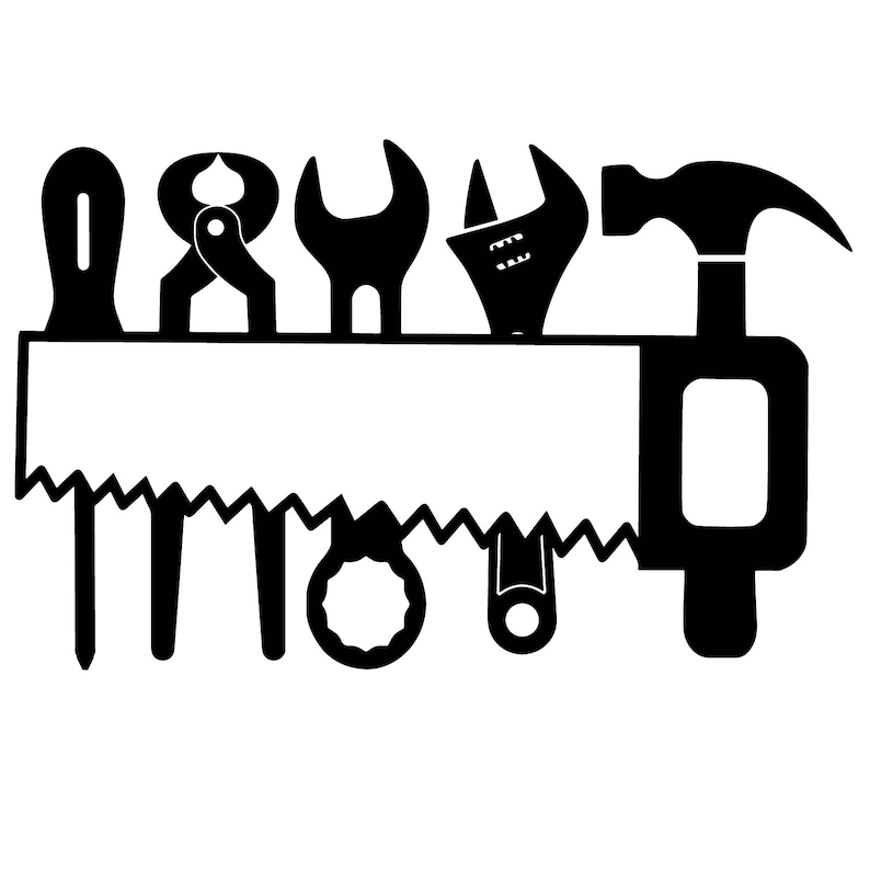 K&ouml;nnte beinhalten: Schwarz-wei&szlig;-Illustration eines Werkzeugsets, bestehend aus Hammer, Schraubenschl&uuml;ssel, Zange, Schraubendreher und S&auml;ge. Die Werkzeuge sind in einer Reihe auf wei&szlig;em Hintergrund angeordnet.