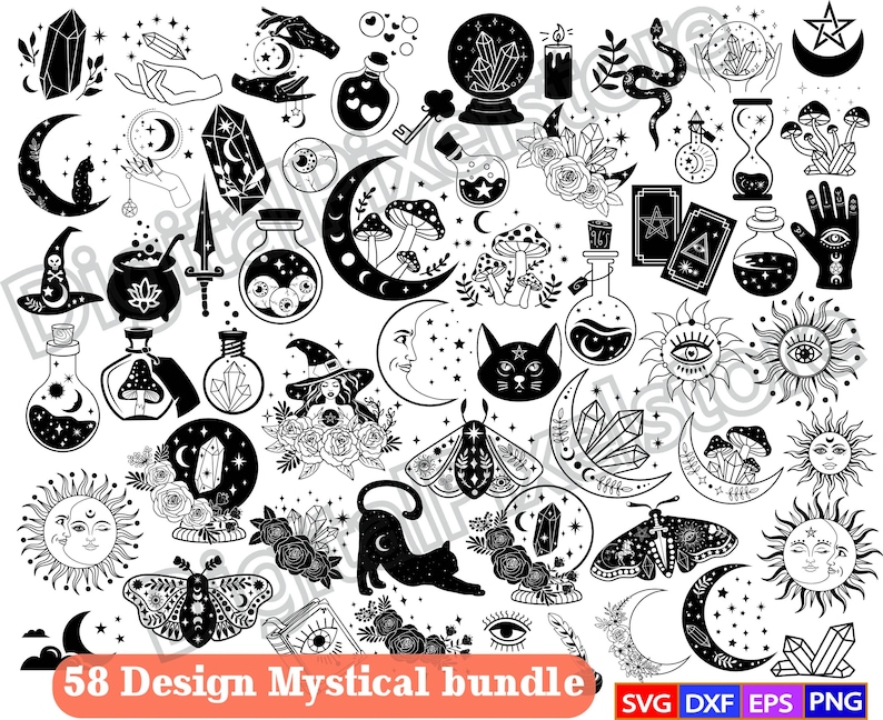 May include: A set of 58 black and white mystical design elements, including moons, stars, crystals, cats, butterflies, mushrooms, and more. The designs are perfect for crafting, scrapbooking, and digital projects.
