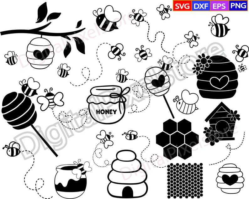 Op de afbeelding: Zwart-witte digitale clipartset met bijen-thema illustraties.  Bevat bijen, honingpotten, honingraat, een bijenkorf en een vogelhuisje.