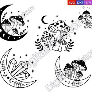 May include: Four black and white illustrations of crescent moons with different designs. The first image shows a crescent moon with a cluster of mushrooms. The second image shows a crescent moon with a cluster of crystals. The third image shows a crescent moon with a cluster of mushrooms. The fourth image shows a crescent moon with a cluster of crystals.