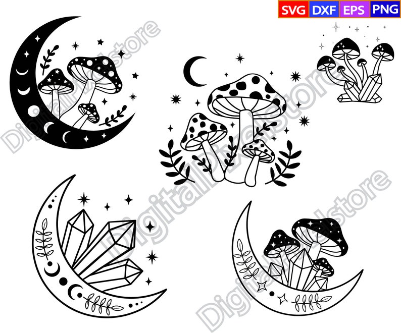 May include: Four black and white illustrations of crescent moons with different designs. The first image shows a crescent moon with a cluster of mushrooms. The second image shows a crescent moon with a cluster of crystals. The third image shows a crescent moon with a cluster of mushrooms. The fourth image shows a crescent moon with a cluster of crystals.