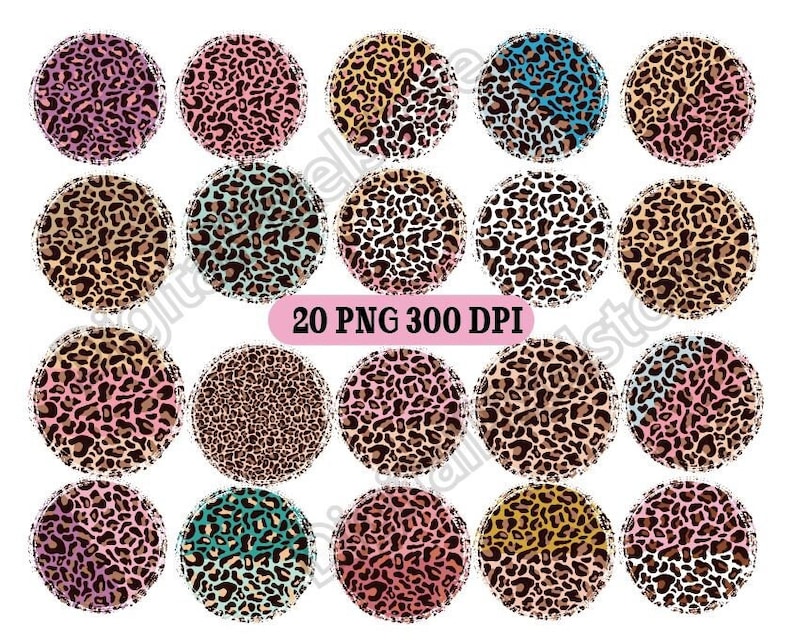 May include: Twenty digital clipart images of leopard print circles in various colors, including pink, blue, brown, and white. The text "20 PNG 300 DPI" is displayed in the center of the image.