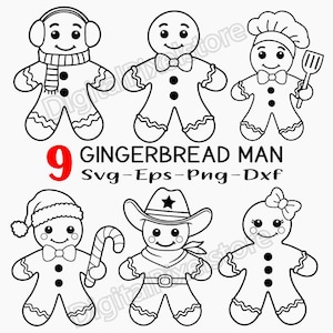 Op de afbeelding: Negen zwart-witte omtrekken van peperkoekpoppetjes. Elk peperkoekpoppetje heeft een ander ontwerp, waaronder een kok, een cowboy en een peperkoekpoppetje met een sjaal en oorwarmers. De tekst "9 GINGERBREAD MAN Svg - Eps - Png - Dxf" staat onder de illustraties.