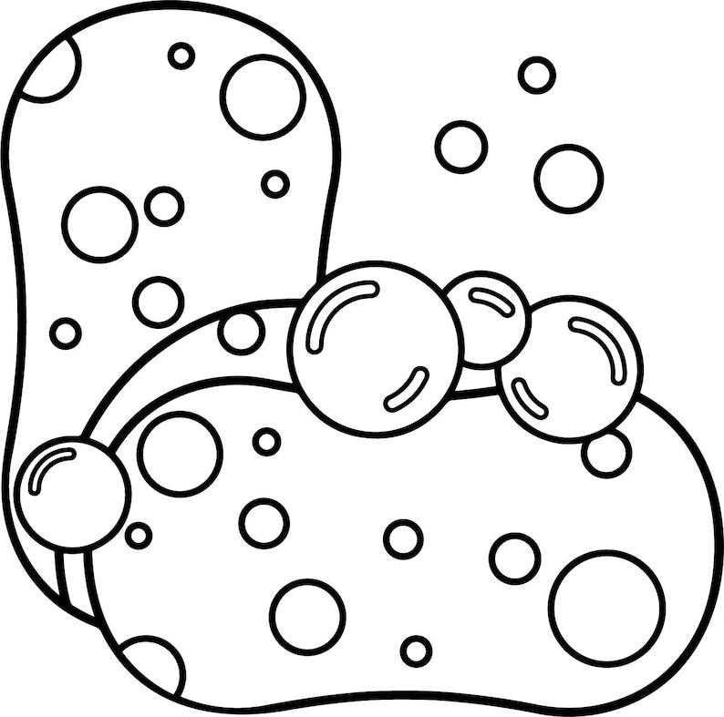 Pu&ograve; includere: Un disegno in bianco e nero di una grande spugna rotonda e spumosa con piccole bolle intorno.