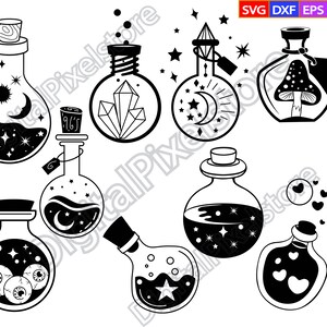 May include: Set of nine black and white illustrations of potion bottles with various magical elements inside, including stars, moons, crystals, eyes, hearts, and mushrooms.