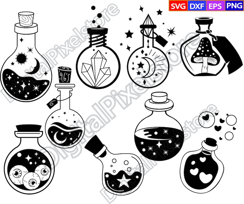 May include: Set of nine black and white illustrations of potion bottles with various magical elements inside, including stars, moons, crystals, eyes, hearts, and mushrooms.