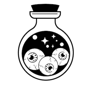 Peut inclure: Une illustration en noir et blanc d'une bouteille en verre avec un bouchon en li&egrave;ge. La bouteille contient trois yeux avec un fond noir et des &eacute;toiles blanches.