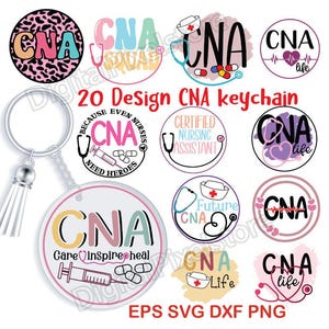 May include: Twenty colorful designs for CNA keychains. The designs feature a stethoscope, a heart, and the words "CNA" in various fonts and colors. Some designs also include phrases like "Certified Nursing Assistant", "Future CNA", and "CNA Life".