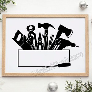 May include: Black and white silhouette of various tools, including a hammer, saw, wrench, screwdriver, and pliers, arranged in a toolbox. The toolbox has a blank space for text.