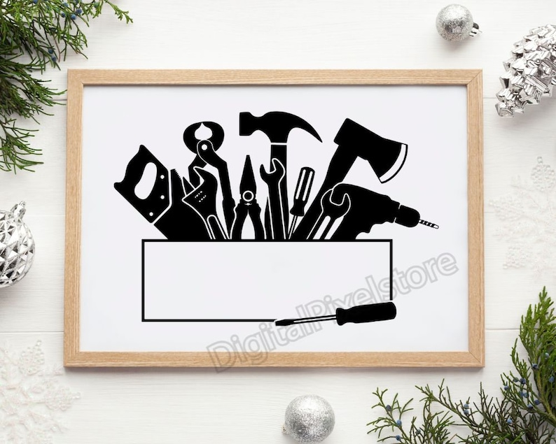 May include: Black and white silhouette of various tools, including a hammer, saw, wrench, screwdriver, and pliers, arranged in a toolbox. The toolbox has a blank space for text.