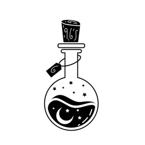 Peut inclure: Illustration en noir et blanc d'une bouteille en verre avec un bouchon en li&egrave;ge. La bouteille est remplie d'un liquide fonc&eacute; et contient un croissant de lune et des &eacute;toiles.