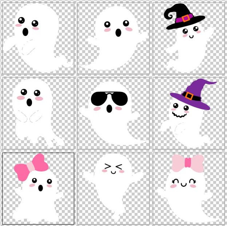 May include: Nine different variations of a cartoon ghost with different expressions and accessories. The ghosts are white with black eyes and mouths. Some ghosts are wearing sunglasses, hats, or bows.