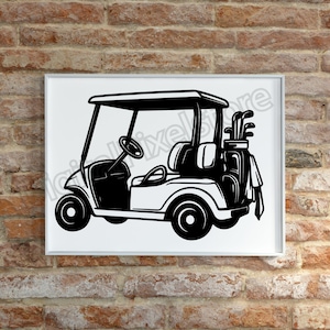 May include: Black and white illustration of a golf cart with a roof, steering wheel, and golf bag. The golf bag contains golf clubs and a towel. The cart has two seats and four wheels. The image is framed in a white border.