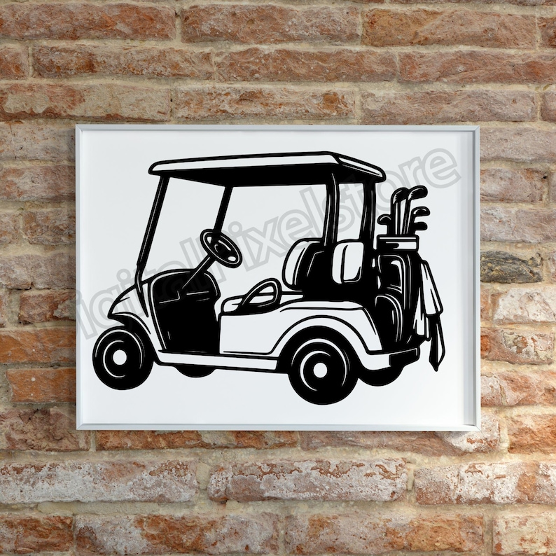 May include: Black and white illustration of a golf cart with a roof, steering wheel, and golf bag. The golf bag contains golf clubs and a towel. The cart has two seats and four wheels. The image is framed in a white border.