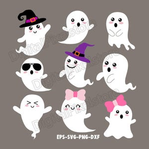 May include: Set of nine white ghost illustrations with different expressions and accessories. The ghosts are wearing hats, sunglasses, bows, and have different facial expressions. The text "EPS-SVG-PNG-DXF" is at the bottom of the image.