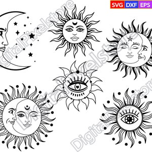 May include: A set of six black and white illustrations of the sun and moon. The illustrations are in a variety of styles, including a crescent moon, a full moon, and a sun with a face. The illustrations are perfect for use in a variety of projects, such as scrapbooking, card making, and digital design.