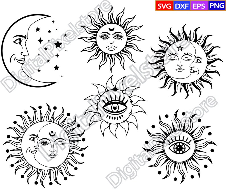 May include: A set of six black and white illustrations of the sun and moon. The illustrations are in a variety of styles, including a crescent moon, a full moon, and a sun with a face. The illustrations are perfect for use in a variety of projects, such as scrapbooking, card making, and digital design.
