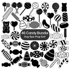Peut inclure: Une collection de 46 icônes de bonbons en noir et blanc représentant diverses sucettes, bonbons emballés, oursons en gélatine, bonbons maïs et bâtonnets rayés. Le texte central indique 46 Candy Bundle Svg-Eps-Png-Dxf, illustrant des friandises.