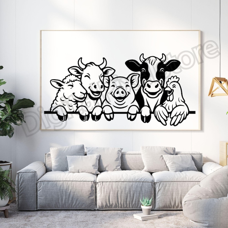 May include: A framed black and white illustration of a sheep, two cows, a pig, and a chicken. The farm animals are smiling and appear to be holding onto a black horizontal line. The artwork is displayed above a grey sofa.