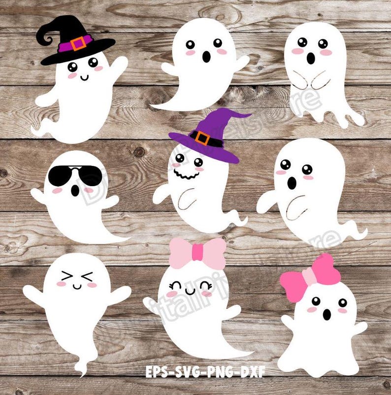 May include: Set of nine white ghost illustrations with different expressions and accessories. The ghosts are wearing hats, sunglasses, bows, and have different facial expressions. The illustrations are on a wooden background.