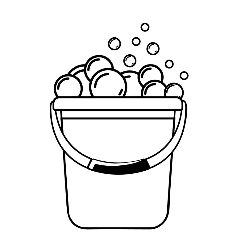 Pu&ograve; includere: Un disegno in bianco e nero di un secchio pieno di bolle di sapone. Il secchio ha un manico e un fondo arrotondato.