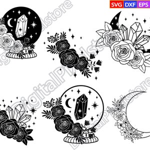 May include: A set of five black and white digital illustrations featuring a crystal, moon, and floral designs. The illustrations are perfect for crafting projects, scrapbooking, and digital design.