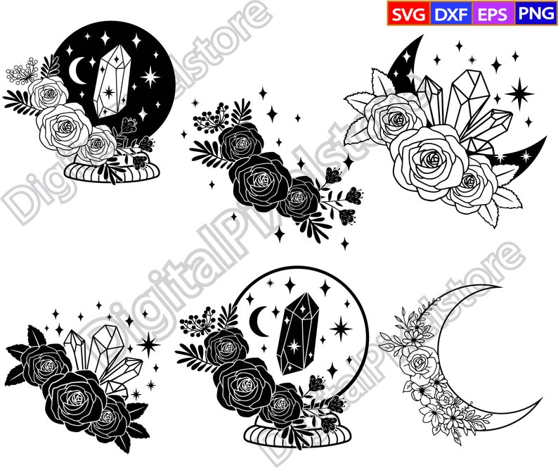 May include: A set of five black and white digital illustrations featuring a crystal, moon, and floral designs. The illustrations are perfect for crafting projects, scrapbooking, and digital design.