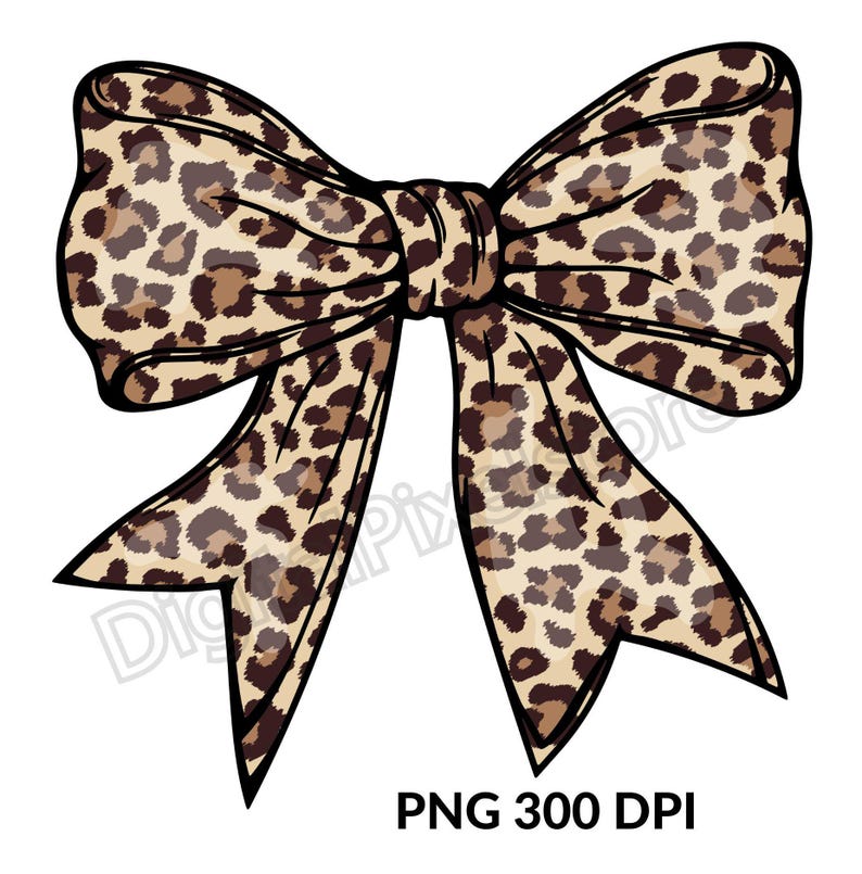 May include: A large brown and tan leopard print bow. The bow is tied in a knot and the ends are curled.