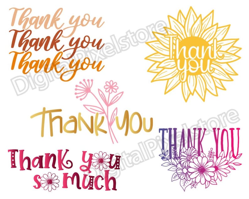 May include: A collection of digital graphics featuring the phrase "Thank You" in various styles. Designs include a sunflower, floral arrangements, and different font styles in shades of gold, pink, and purple.
