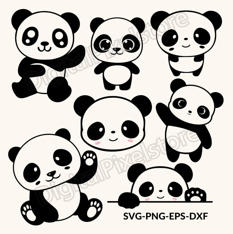 May include: Set of six black and white panda bear illustrations. The pandas are in various poses, including sitting, standing, and peeking out from behind a white surface. The text "SVG-PNG-EPS-DXF" is at the bottom of the image.
