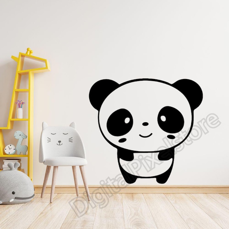 May include: Black and white cartoon panda bear with big eyes and a smile. The panda is standing on a white background.