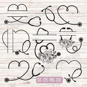 Stethoskop Split-Monogramm SVG-Bundle, Stethoskop Herz svg, Blumenstethoskop svg, Arzt-Svg-Schnittdatei, Hand gezeichnete Krankenschwester SVG, digitaler Download