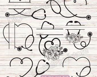 Stethoscope Split Monogram SVG Bundle: Floral Heart, Doctor Nurse Cut File (Digital Download)