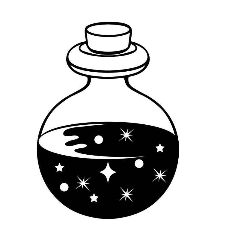 Peut inclure: Une illustration en noir et blanc d'une bouteille en verre avec un bouchon en li&egrave;ge. La bouteille est remplie d'un liquide fonc&eacute; et contient des &eacute;toiles blanches.