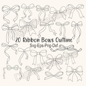 May include: A set of 20 black and white outline illustrations of ribbon bows. The bows are in various shapes and sizes, and some have tails.