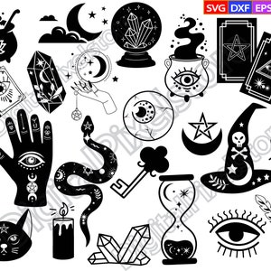 May include: Black and white illustrations of various mystical and occult symbols, including a cauldron, a crystal ball, a snake, a hand with an eye, a witch's hat, a tarot card, and a crescent moon.