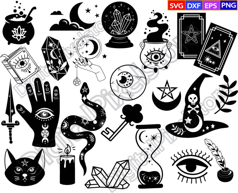 May include: Black and white illustrations of various mystical and occult symbols, including a cauldron, a crystal ball, a snake, a hand with an eye, a witch's hat, a tarot card, and a crescent moon.