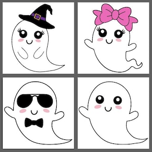 May include: Four cartoon ghost illustrations. The first ghost is wearing a witch's hat. The second ghost is wearing a pink bow. The third ghost is wearing sunglasses. The fourth ghost has a simple design.