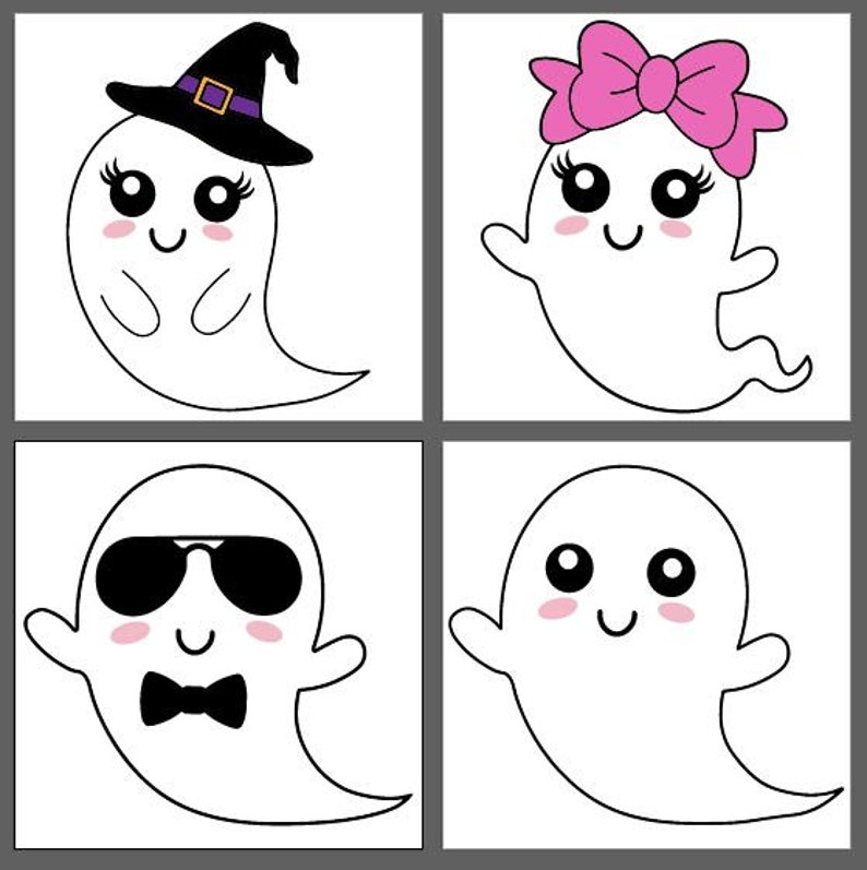 May include: Four cartoon ghost illustrations. The first ghost is wearing a witch's hat. The second ghost is wearing a pink bow. The third ghost is wearing sunglasses. The fourth ghost has a simple design.