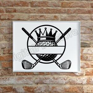 May include: A framed black and white golf-themed graphic. The design features a golf ball topped with a crown, crossed golf clubs, and a golf club on each side. The word "digital" is partially visible.