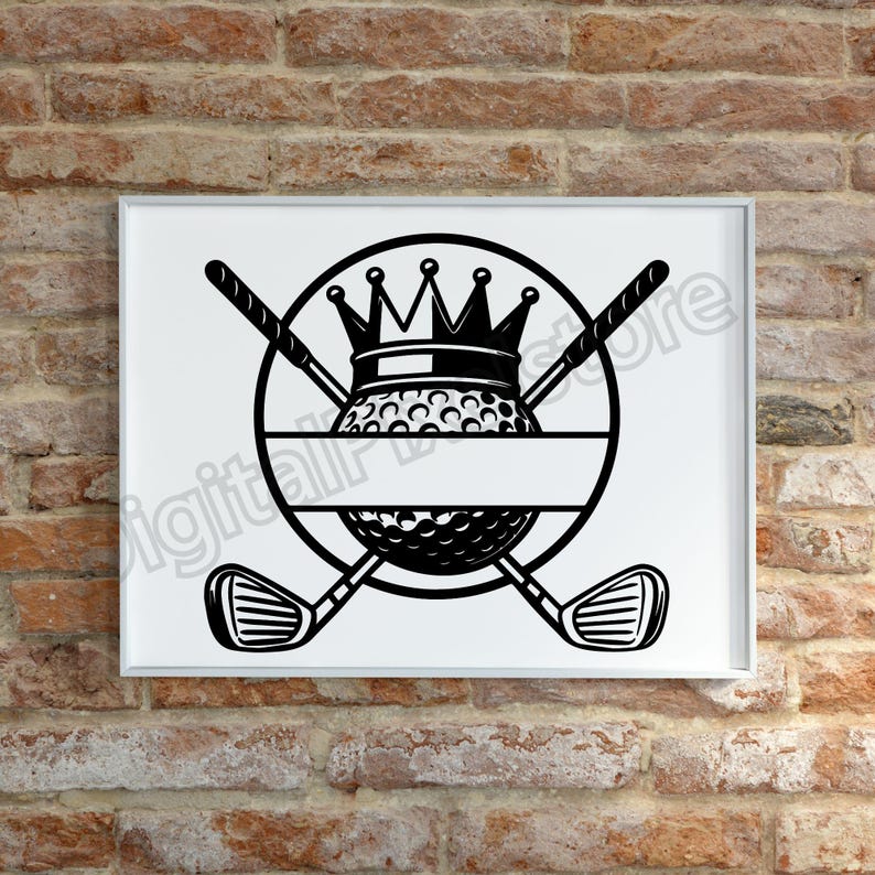 May include: A framed black and white golf-themed graphic. The design features a golf ball topped with a crown, crossed golf clubs, and a golf club on each side. The word "digital" is partially visible.